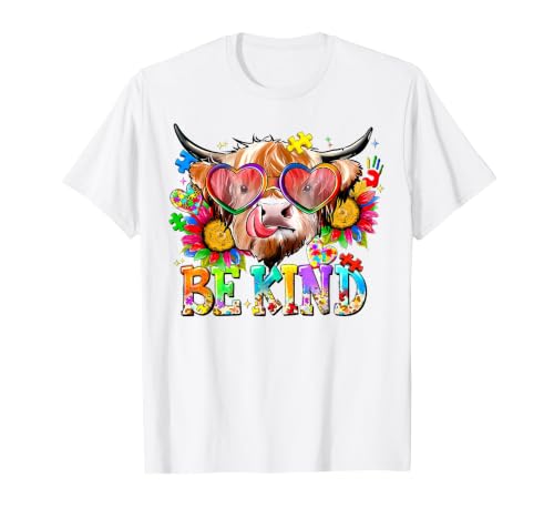 Be Kind Highland Cow Autism Awareness Sped Teacher Be Kind Highland Cow Autism Awareness Inspirational Teacher T-Shirt -