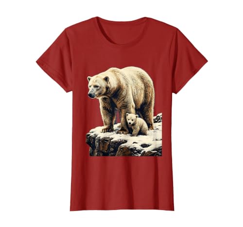 Mademark Mama Polar Bear and Cub Snowy Cliff Illustration T-Shirt - size chart