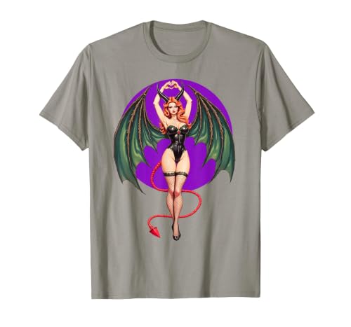 Classic Vintage Pin-Up Sexy Girl by YUX Sexy Succubus Monster Halloween Hand Heart Pin-Up Girl Devil T-Shirt - size chart