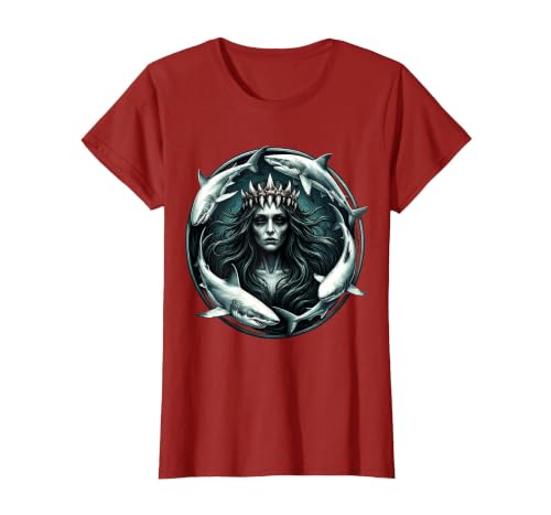Mademark Deep Sea Queen Crowned by Circling Sharks T-Shirt - size chart