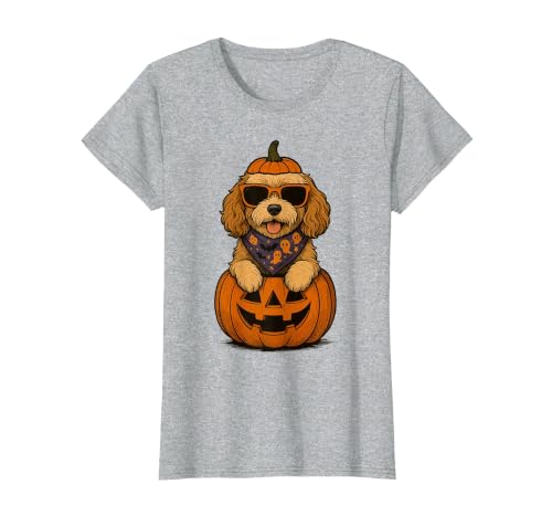 Funny Retro Maltipoo mom Halloween Spooky Cavapoo Pumpkin Halloween Doodle Dog Lover T-Shirt - size chart