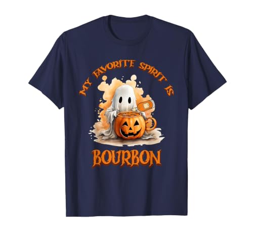 Boo Watercolor Pumpkin Cup Light Witch Hat Bottle Bourbon My Favorite Spirit is Bourbon Happy Halloween Boo T-Shirt - size