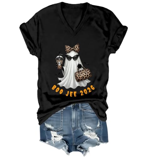 WQFQW Boo JEE 2026 Ghost Funny Halloween Leopard Print Ghost Shirt for Women - size chart