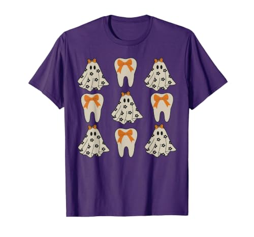 Dentist Dental Halloween Costume Tee Gifts Floral Ghost Teeth Dental Dentist Halloween Costume T-Shirt - size chart