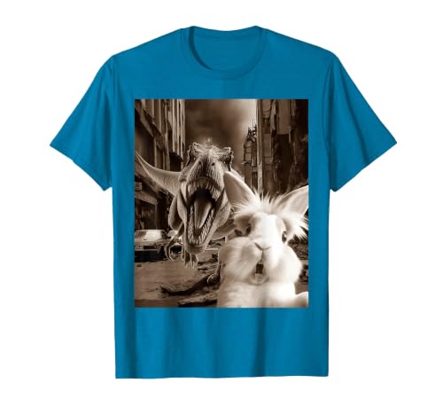 Funny Bunny Rabbit Selfie with T-Rex Tyrannosaurus Dinosaur T-Shirt — design detail