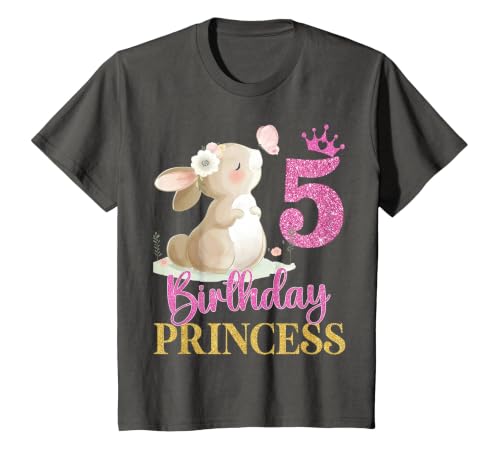 Kids 5th Birthday Rabbit Princess Girl Bunny 5 Years Old T-Shirt — design detail