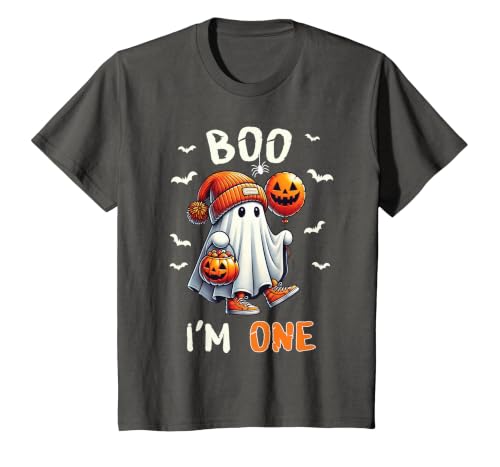 Halloween Boo I'm First 1st Birthday Boy Boo I'm One Ghost 1st Birthday Halloween Boy Kids Groovy T-Shirt - size chart