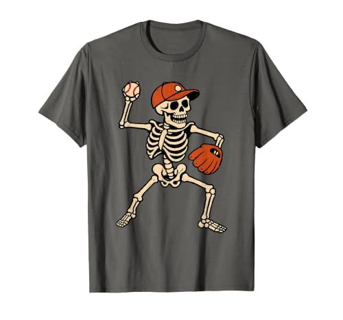 Funny Skeleton Baseball Tee Skeleton Baseball Halloween Costume Pitcher Sport Player T-Shirt - size chart