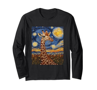 Giraffe Africa Van Gogh Style Starry Night Cute Graphic Long Sleeve T-Shirt - Adult Unisex
