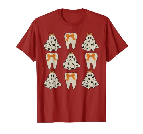 Dentist Dental Halloween Costume Tee Gifts Floral Ghost Teeth Dental Dentist Halloween Costume T-Shirt - size chart