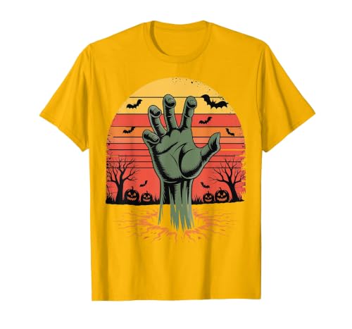 Creepy Undead Zombie Hand Retro Sunset Scary Zombie Hand Retro Sunset Halloween Horror Tee T-Shirt - size chart