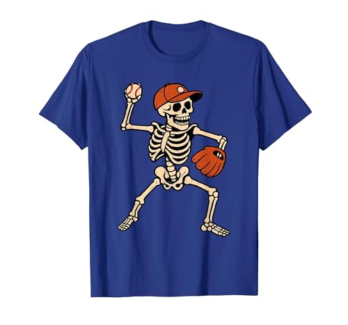 Funny Skeleton Baseball Tee Skeleton Baseball Halloween Costume Pitcher Sport Player T-Shirt - size chart
