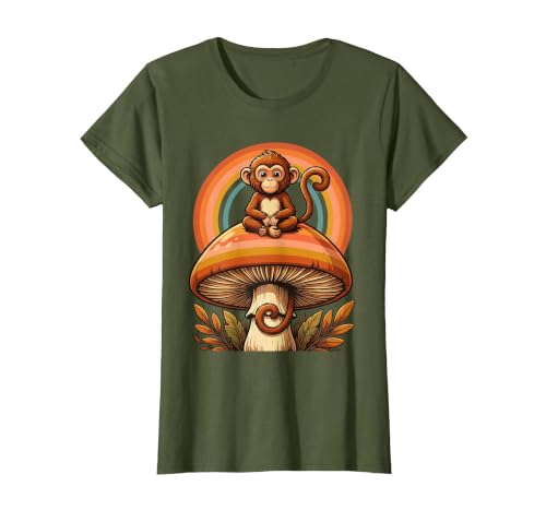 Mademark Monkey Perched on Giant Mushroom Illustration T-Shirt - Women - size chart