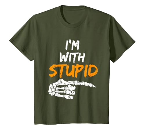 I'm With Stupid Shirts I'm with Stupid Skeleton Hand Pointing Right Funny Halloween T-Shirt - size chart