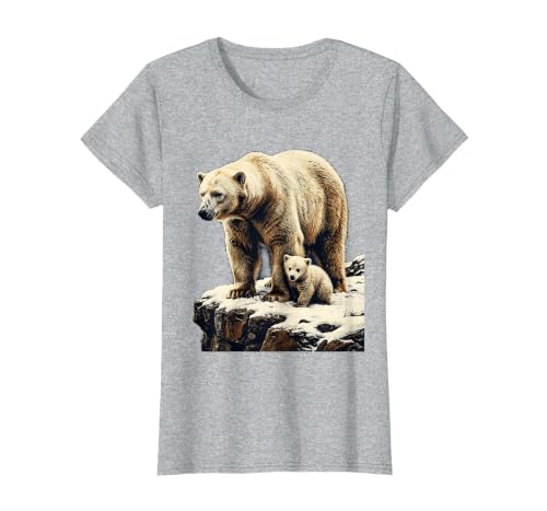 Mademark Mama Polar Bear and Cub Snowy Cliff Illustration T-Shirt - size chart
