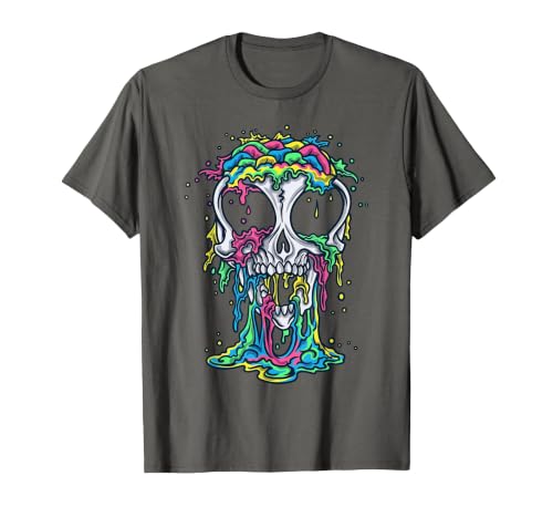 Skull & Halloween Designs for Bikers and Rockers Melting Skull Halloween Colorful Paint Drip Graphic T-Shirt - size chart