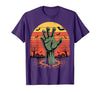 Creepy Undead Zombie Hand Retro Sunset Scary Zombie Hand Retro Sunset Halloween Horror Tee T-Shirt - size chart