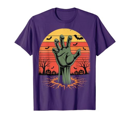 Creepy Undead Zombie Hand Retro Sunset Scary Zombie Hand Retro Sunset Halloween Horror Tee T-Shirt - size chart