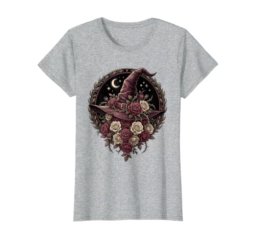 Mademark Witch Hat Black Roses Halloween Women's Design T-Shirt - size chart