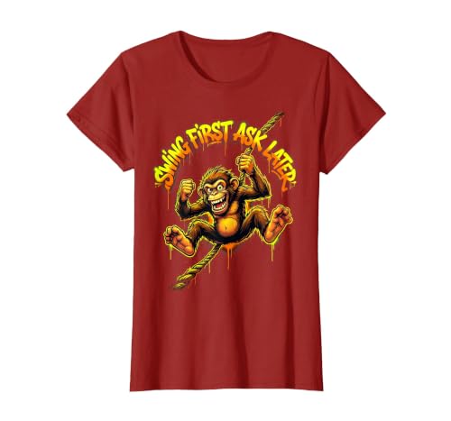 Mademark Swing First Ask Later Funny Monkey Design T-Shirt - Women - size chart