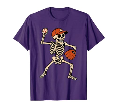 Funny Skeleton Baseball Tee Skeleton Baseball Halloween Costume Pitcher Sport Player T-Shirt - size chart