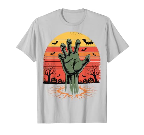 Creepy Undead Zombie Hand Retro Sunset Scary Zombie Hand Retro Sunset Halloween Horror Tee T-Shirt - size chart