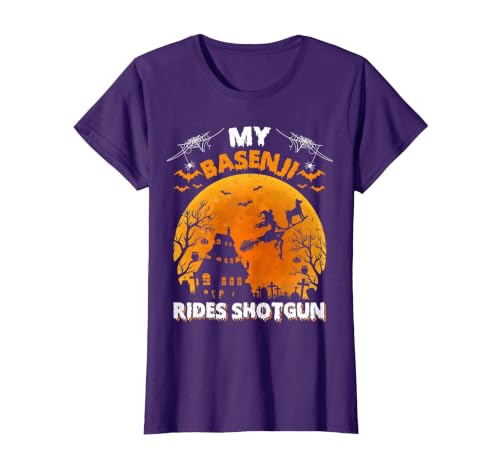 Basenji Dog Witch Halloween Gifts My Basenji Rides Shotgun Basenji Dog Halloween T-Shirt - size chart