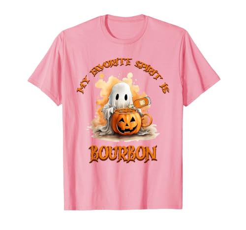 Boo Watercolor Pumpkin Cup Light Witch Hat Bottle Bourbon My Favorite Spirit is Bourbon Happy Halloween Boo T-Shirt - size