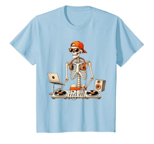 Funny Skeleton DJ Halloween Men Outfit Skeleton DJ Halloween Costume Turntable Music Funny Men Boys T-Shirt - size chart