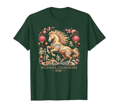 Chinese New Year 1990 Birthday Fortune Prosper Red Festive 2026 Horse Lady Crazy Wild Soul Calm Heart Lunar T-Shirt - size chart