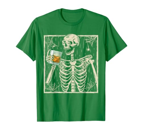 Funny Skeleton Drinking Bourbon Whiskey Halloween Alcoholic T-Shirt - size chart