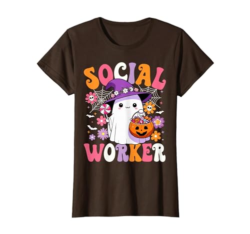 Groovy Social Worker Halloween Ghost Costume Halloween Social Worker Ghost Cute Social Worker Halloween T-Shirt - size chart
