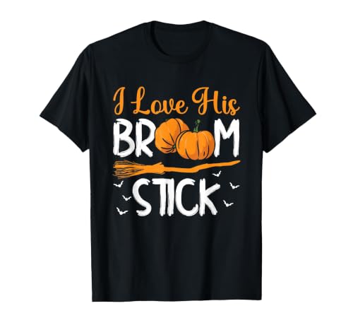 Match Halloween Couple Costumes I Love His Broomstick I Love Her Pumpkins T-Shirt - size chart