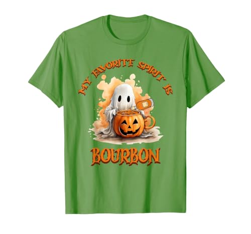 Boo Watercolor Pumpkin Cup Light Witch Hat Bottle Bourbon My Favorite Spirit is Bourbon Happy Halloween Boo T-Shirt - size