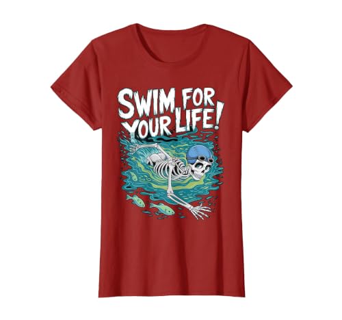 Swim Lover Halloween Custom Tee For Swimmers Kids Halloween Skeleton Swimming Swim for Your Life Swimmers Dad T-Shirt - size