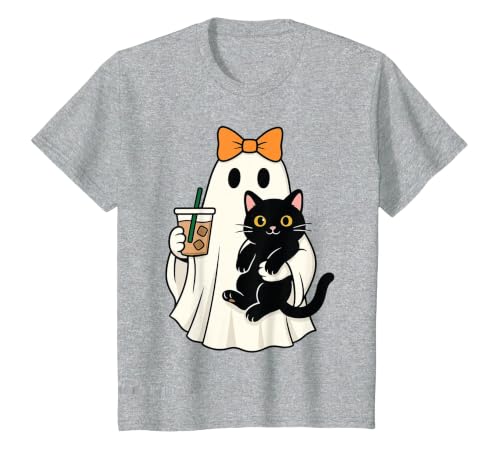halloween iced coffee costume Cat Women Girls Cute Halloween Cat Ghost Drinking Coffee Ghost Women Girls T-Shirt - size chart