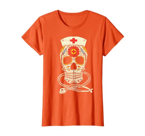 Halloween Nurse Shirts For Women Scrub Costumes Nurse Sugar Skull Stethoscope RN Medical Halloween Costume T-Shirt - size
