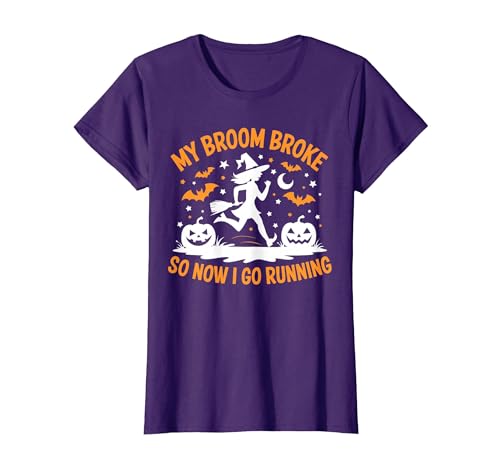 Running Broom Halloween tee My Broom Broke So Now I Go Running Witch Run Lover Halloween T-Shirt - size chart
