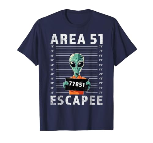 Funny Alien Halloween Costume Mugshot Alien Area 51 Escapee Funny Alien Mug Shot UFO T-Shirt - size chart