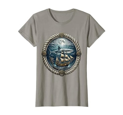Shark Circling Shipwreck Under Moonlight Pirate T-Shirt