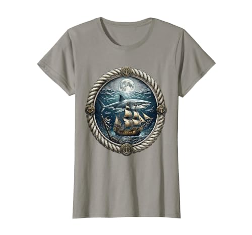 Mademark Shark Circling Shipwreck Under Moonlight Pirate T-Shirt - size chart
