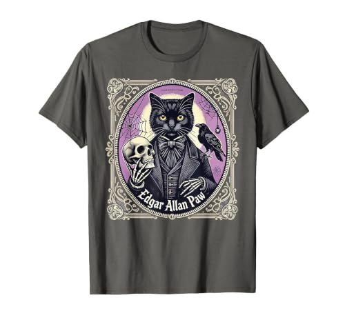Funny Kawaii Halloween Lazy Costume by NLTS “Edgar Allan Paw” Funny Pun Black Cat Gothic Theme T-Shirt - size chart