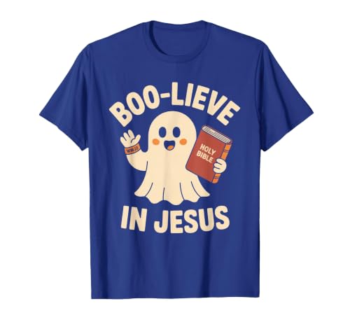 Christian Halloween Merch Boo-Lieve in Jesus - Christian Halloween Christianity T-Shirt - size chart
