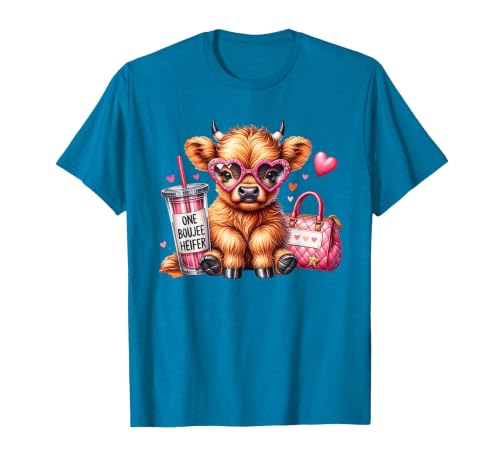 Highland Cow Land of NYC One Boujee Heifer Highland Cow Bougie Pink Tumbler Handbag T-Shirt - size chart