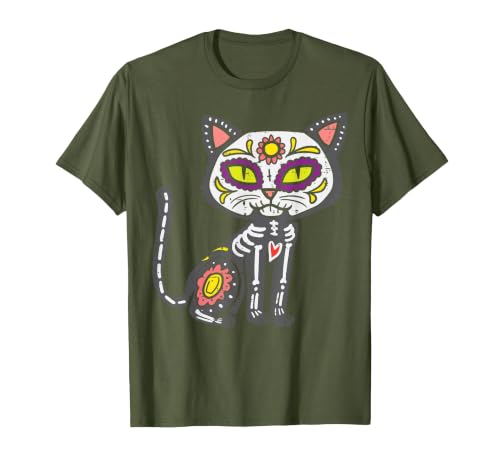 Halloween Cat Shirts For Women Men Kids Owner Sugar Skull Cat Dia De Muertos Day of Dead Halloween Mexican T-Shirt - size