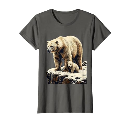 Mademark Mama Polar Bear and Cub Snowy Cliff Illustration T-Shirt - size chart