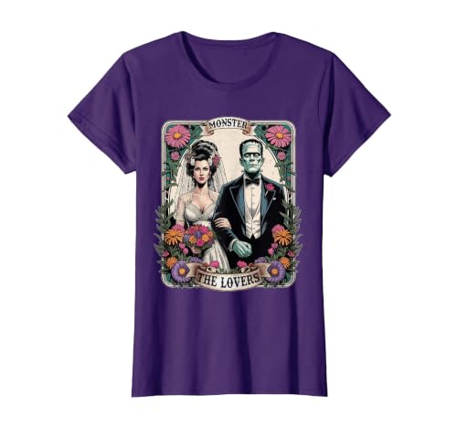 The Lovers Tarot Card Spooky Halloween Women Men The Monster Frankenstein and Bride The Lovers Tarot Card T-Shirt - size
