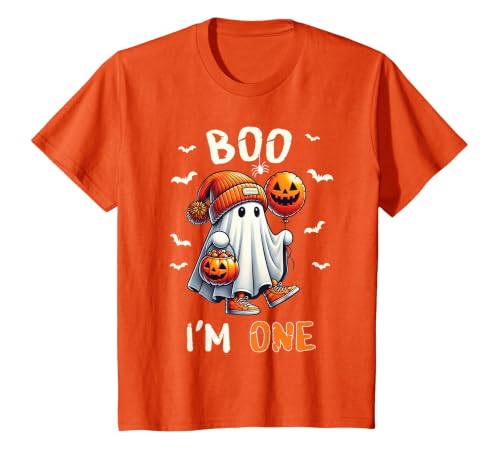 Halloween Boo I'm First 1st Birthday Boy Boo I'm One Ghost 1st Birthday Halloween Boy Kids Groovy T-Shirt - size chart