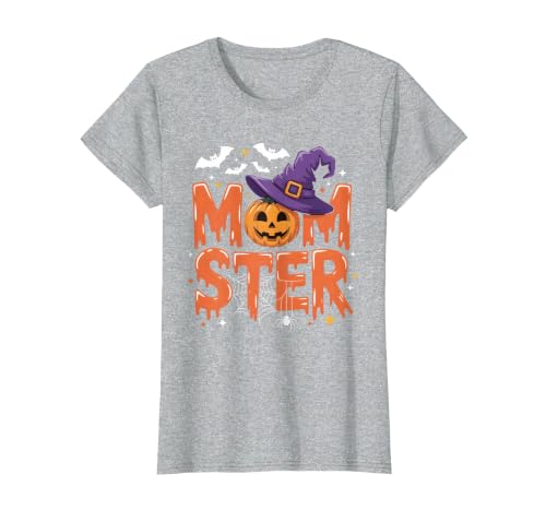 Mom-ster Halloween Funny Witch Hat Pumpkin Mom Momster Mom Mommy Matching Family Halloween Costume Women T-Shirt - size chart