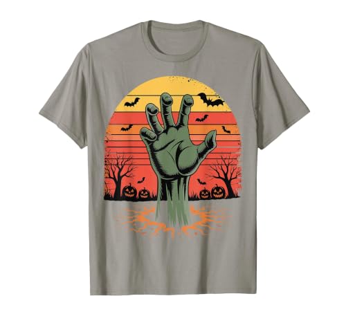 Creepy Undead Zombie Hand Retro Sunset Scary Zombie Hand Retro Sunset Halloween Horror Tee T-Shirt - size chart